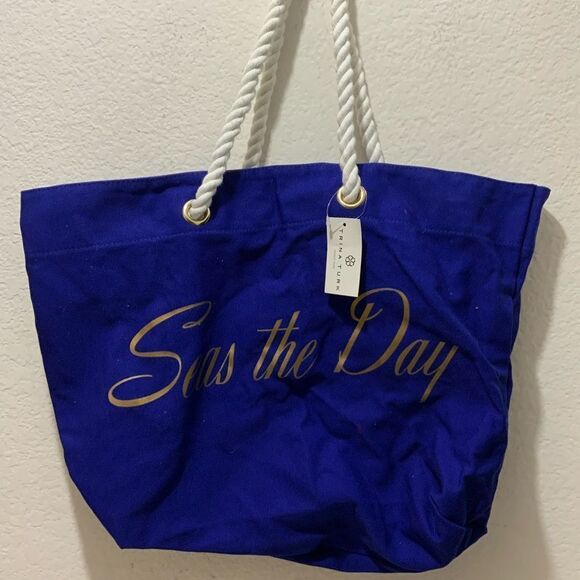 Trina Turk Large Canvas Tote Carryall Beach Bag "Seas the Day" Cobalt Blue NWT - Picture 3 of 12